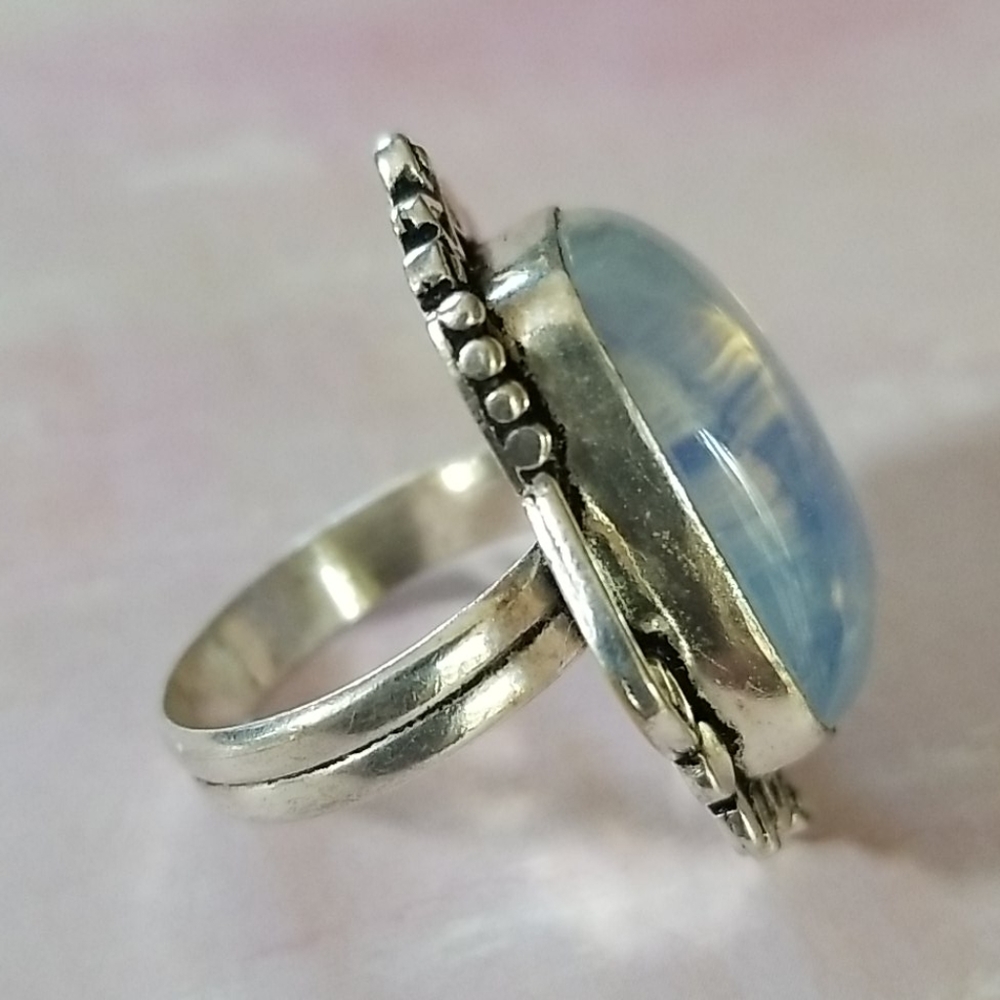 Hand Crafted Milky Opal .925 Sterling Silver Statement Ring SZ 8 3/4 - Picture 14 of 16